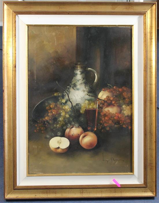 Professor Gigi Rocca Table top still life with flagon, fruit and apples, 27 x 19.5in.